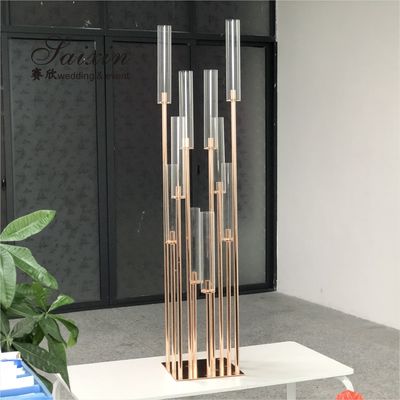 Glass Tube Rose Gold Metal Floor Candelabra Pillar Candlesticks Tall  175cm