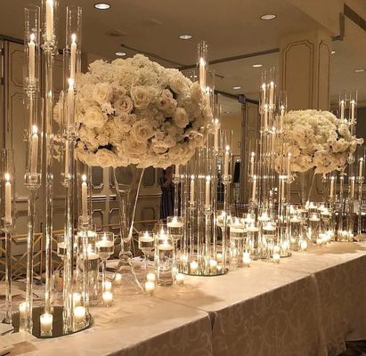 antique square base straight pole candelabras with crystals wedding centerpiece