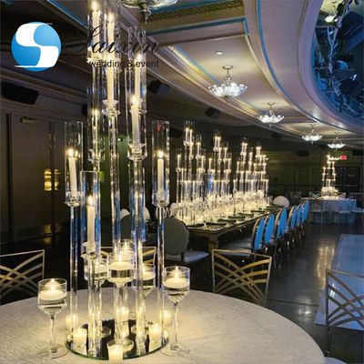 antique square base straight pole candelabras with crystals wedding centerpiece