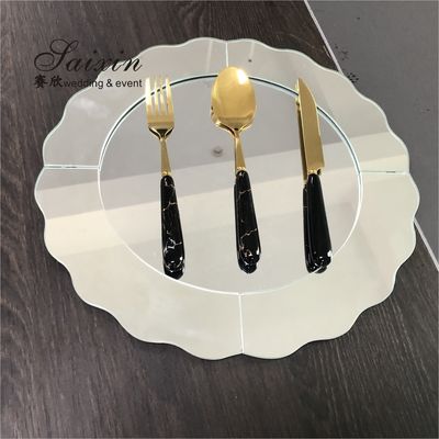 Silver Mirror Glass Charger Plates Waved Edges For Wedding Party Round