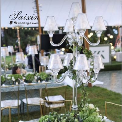 Decoración de eventos 11 brazos Candelabro de cristal con sombra de vidrio para piezas centrales de la boda