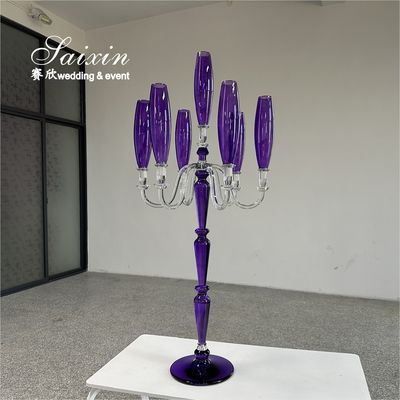 Chico centro de la boda 7 brazos púrpura cristal Candelabra para la decoración del evento