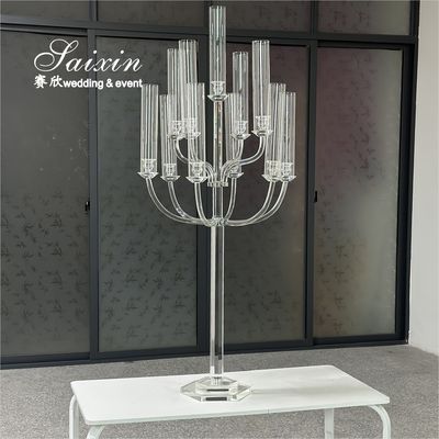 Hermosa Candelabra de cristal de vidrio claro con frascos de vidrio altos para piezas centrales de la boda